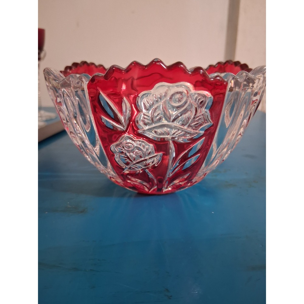 Vintage Ruby Red Flash Crystal Bowl Frosted Rose Floral Scalloped Rim 5.75in